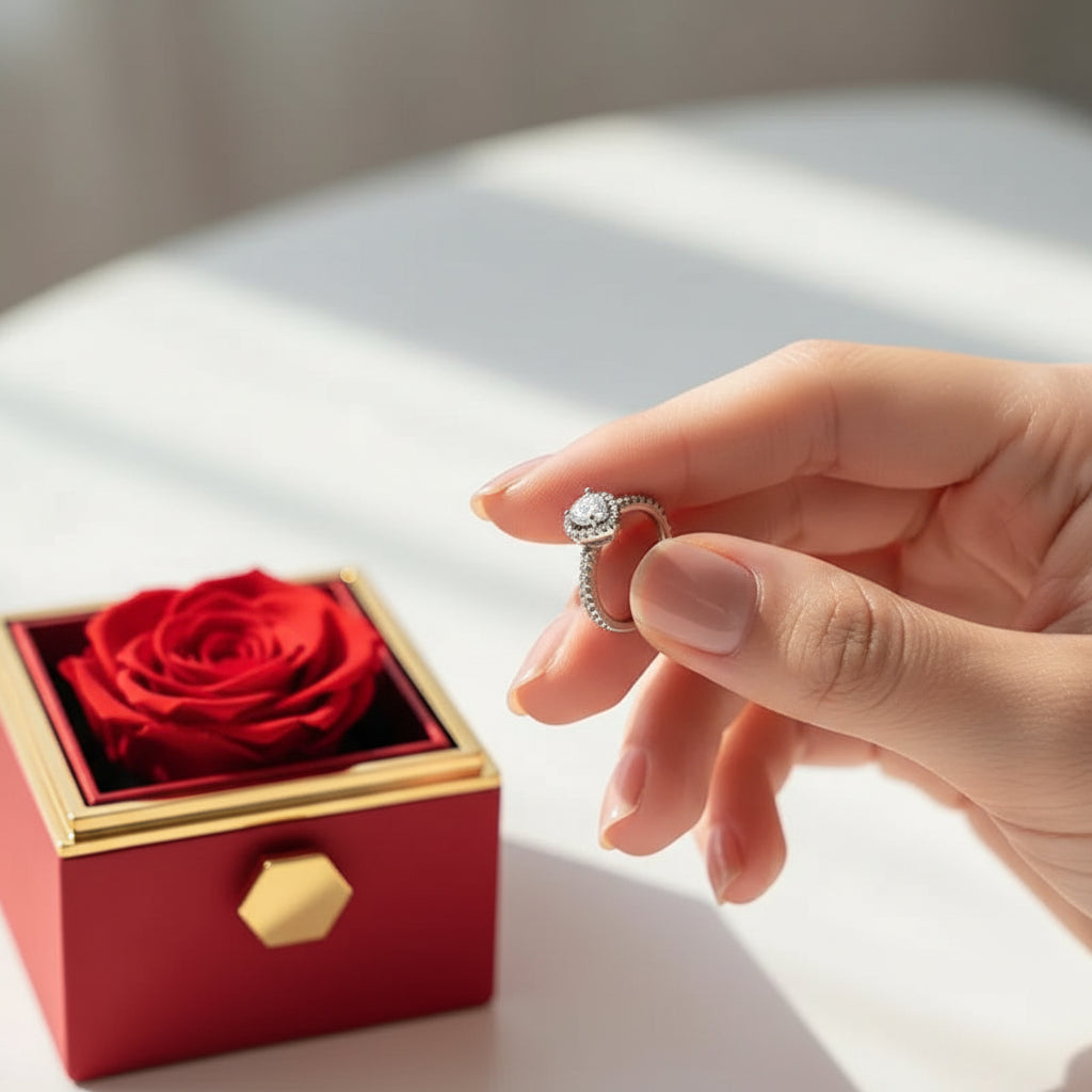 Rotating Eternal Forever Rose Box with Promise Ring Jewelry Box Valentine Wedding Birthday Gift Box for Women