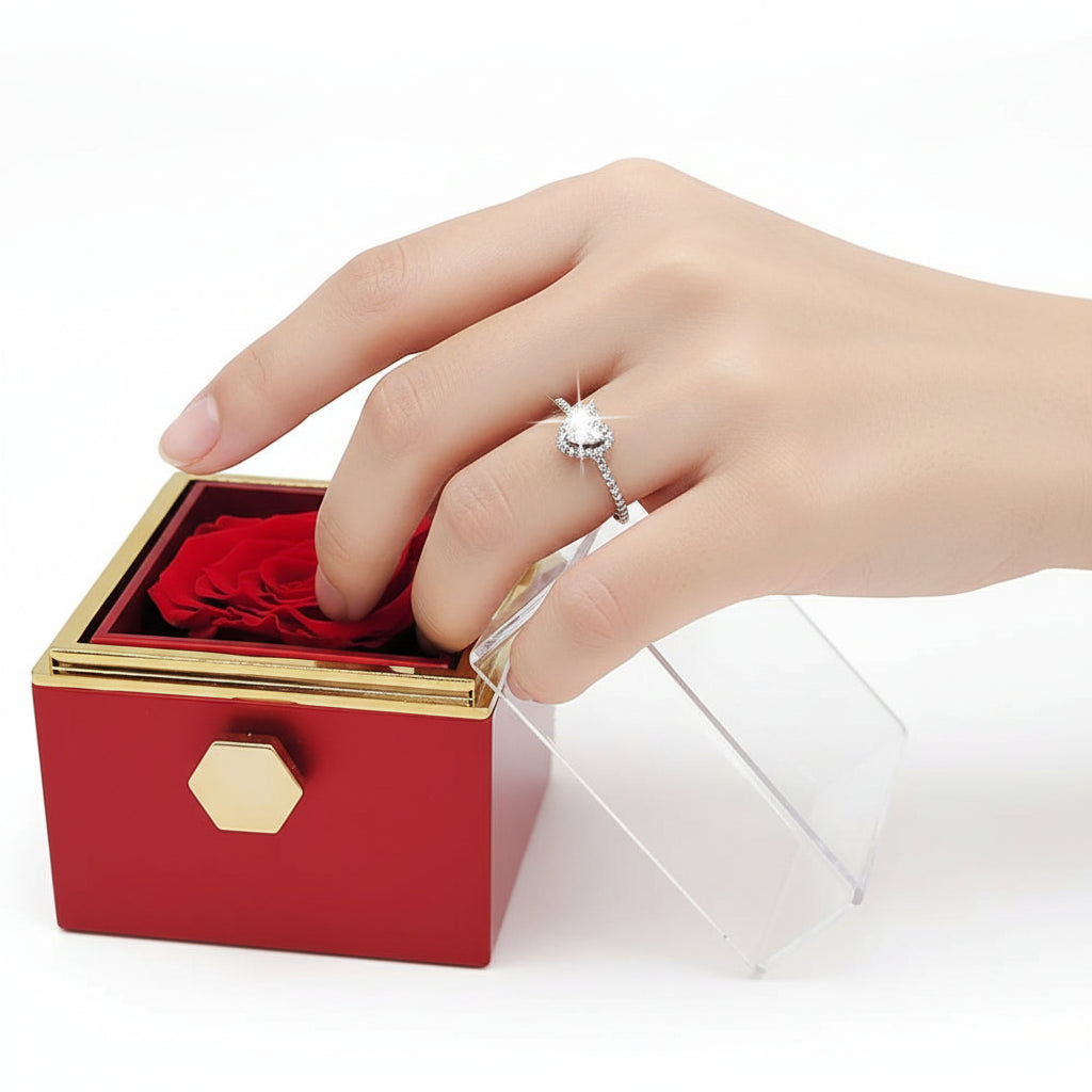 Rotating Eternal Forever Rose Box with Promise Ring Jewelry Box Valentine Wedding Birthday Gift Box for Women